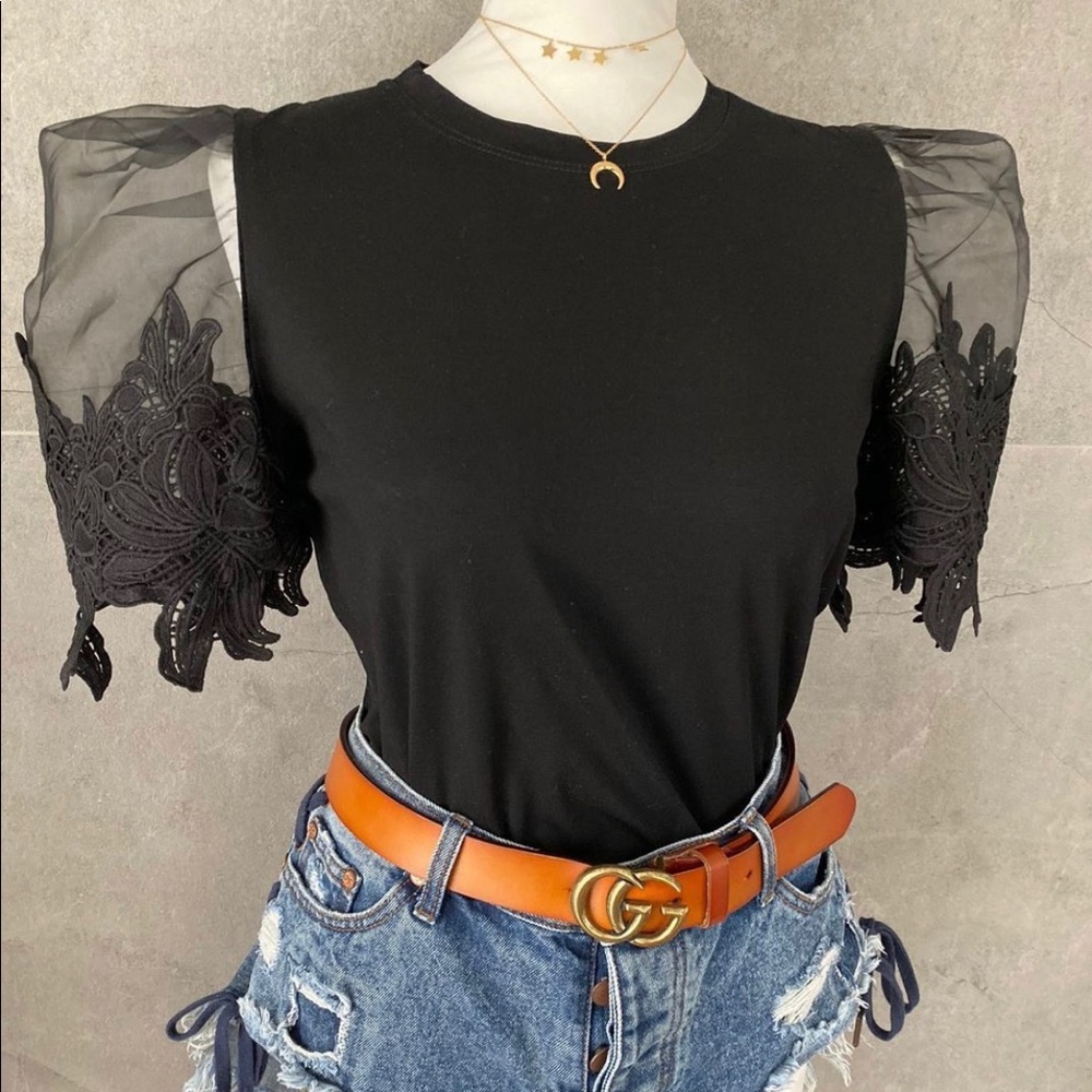 Black lace puffer sleeve top